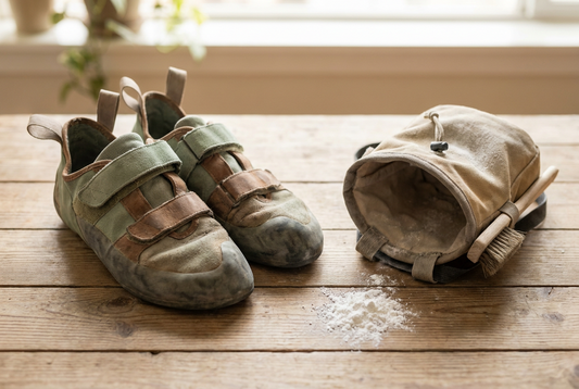 Pair of climbing shoes next to a chalk bag on a wooden surface