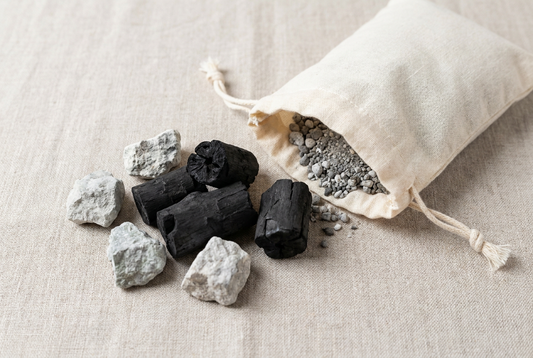Bamboo charcoal and zeolite mineral stones next to an open cotton shoe deodoriser sachet