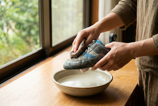Climbing shoe being hand cleaned with a soft cloth and water