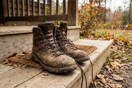 Pair of muddy hiking boots with laces loosened to air out
