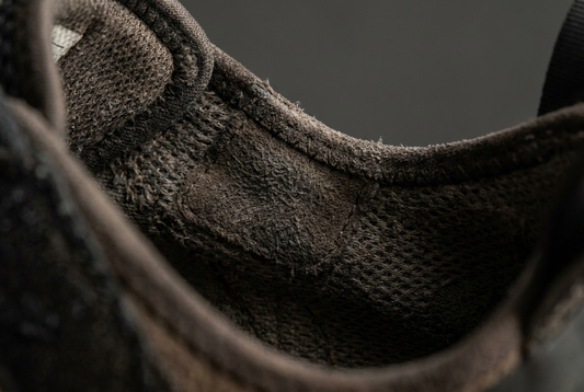 Close-up of climbing shoe interior lining texture
