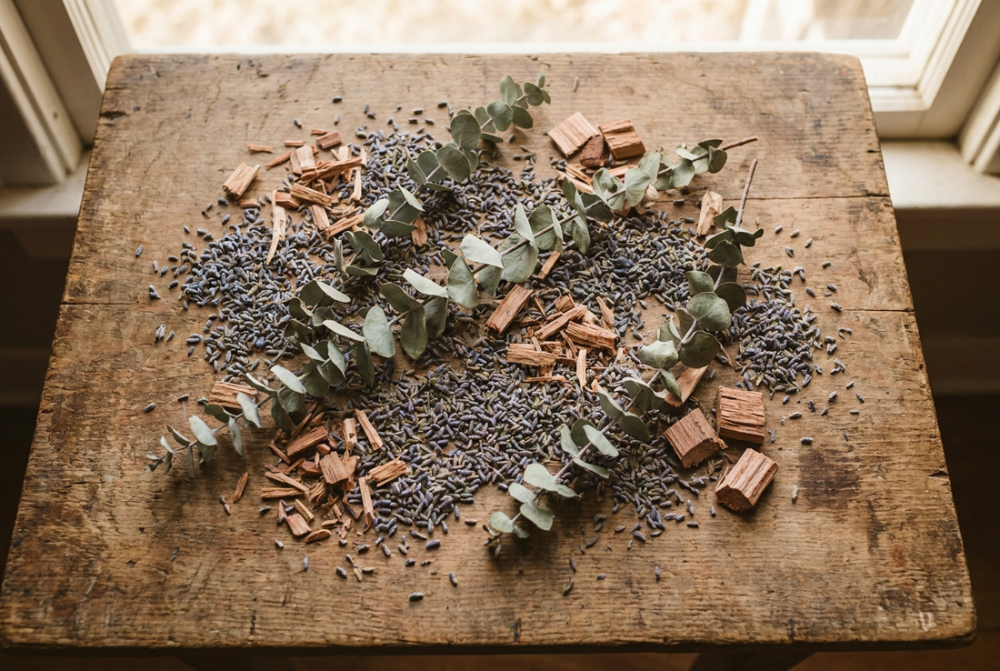 Dried lavender, eucalyptus and cedar arranged on a wooden table
