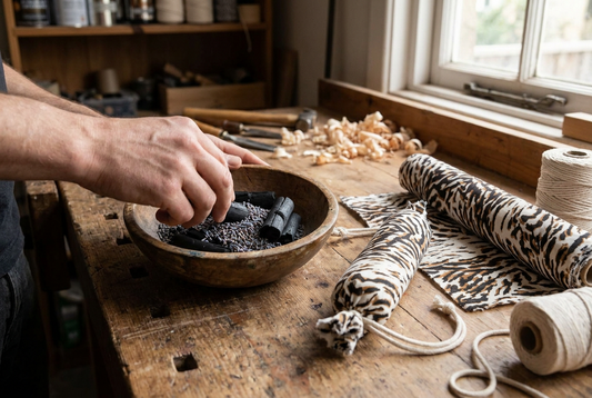Hands mixing bamboo charcoal and dried herbs for a handmade shoe deodoriser