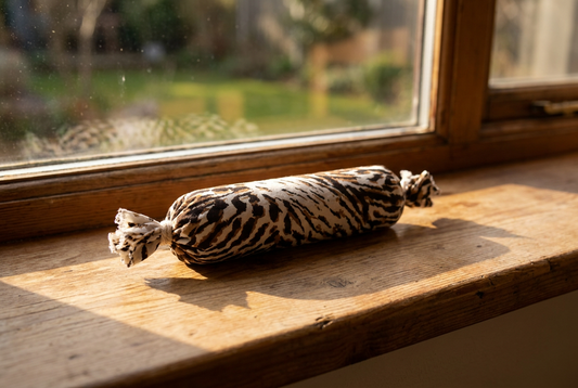 Shoe Sausage fabric deodoriser sachet resting on a sunlit windowsill